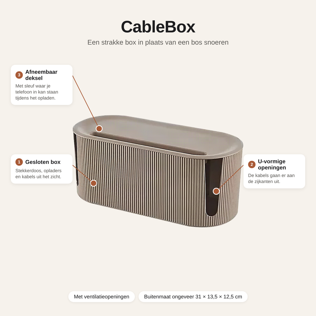 CableBox met voordelen: gesloten box, U-vormige openingen en afneembaar deksel met sleuf