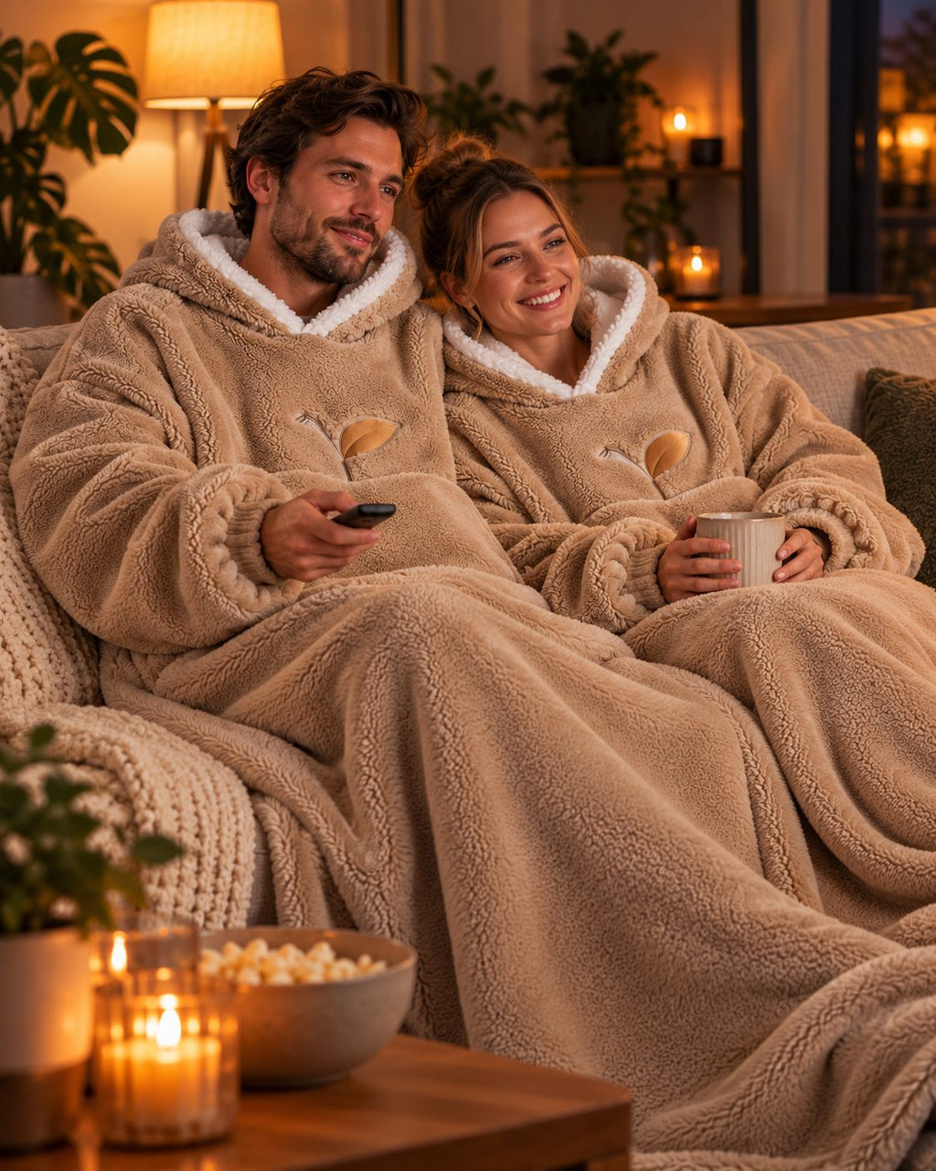 Twee wearable fleece dekens in bruin, gedragen op de bank