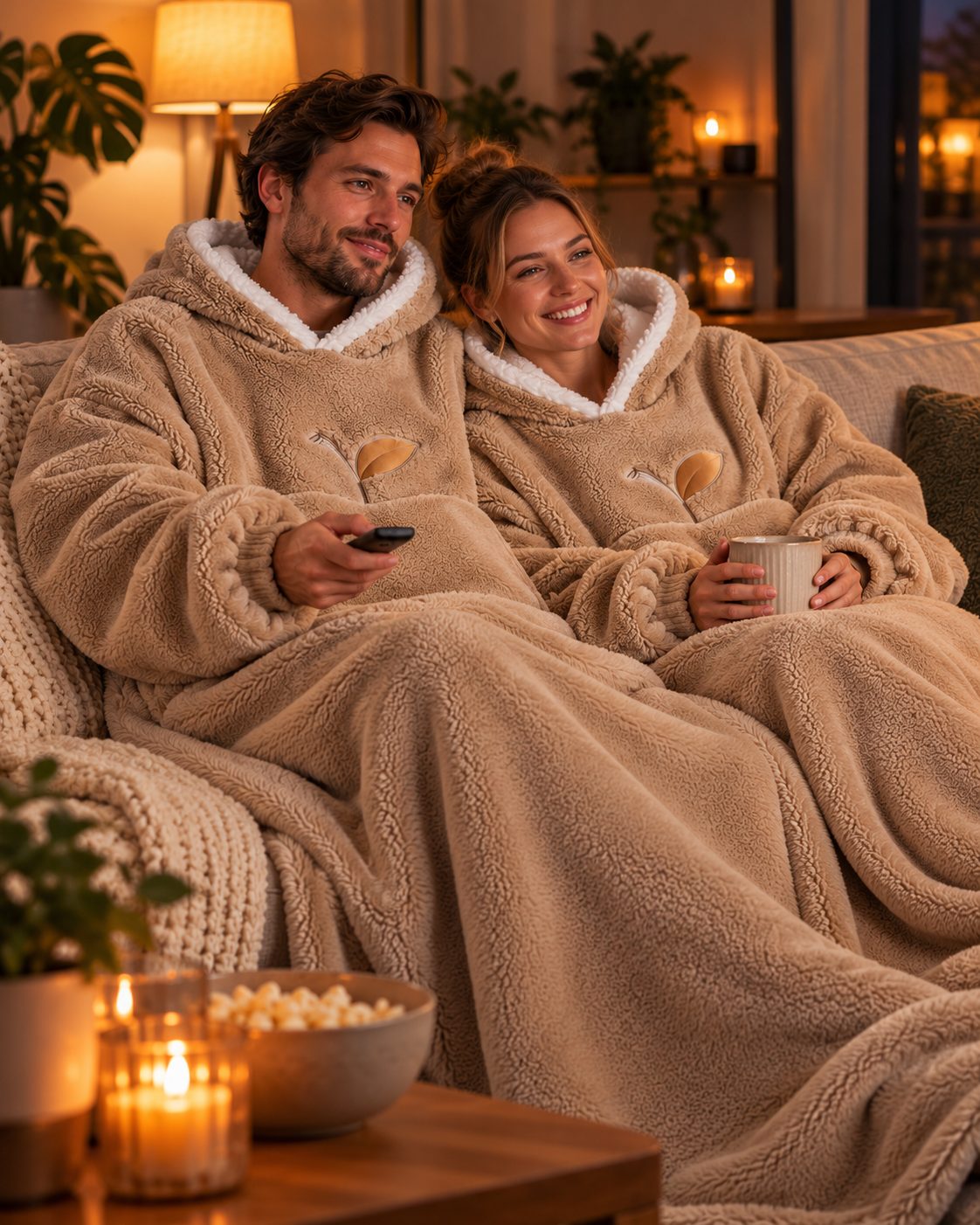 Twee wearable fleece dekens in bruin, gedragen op de bank
