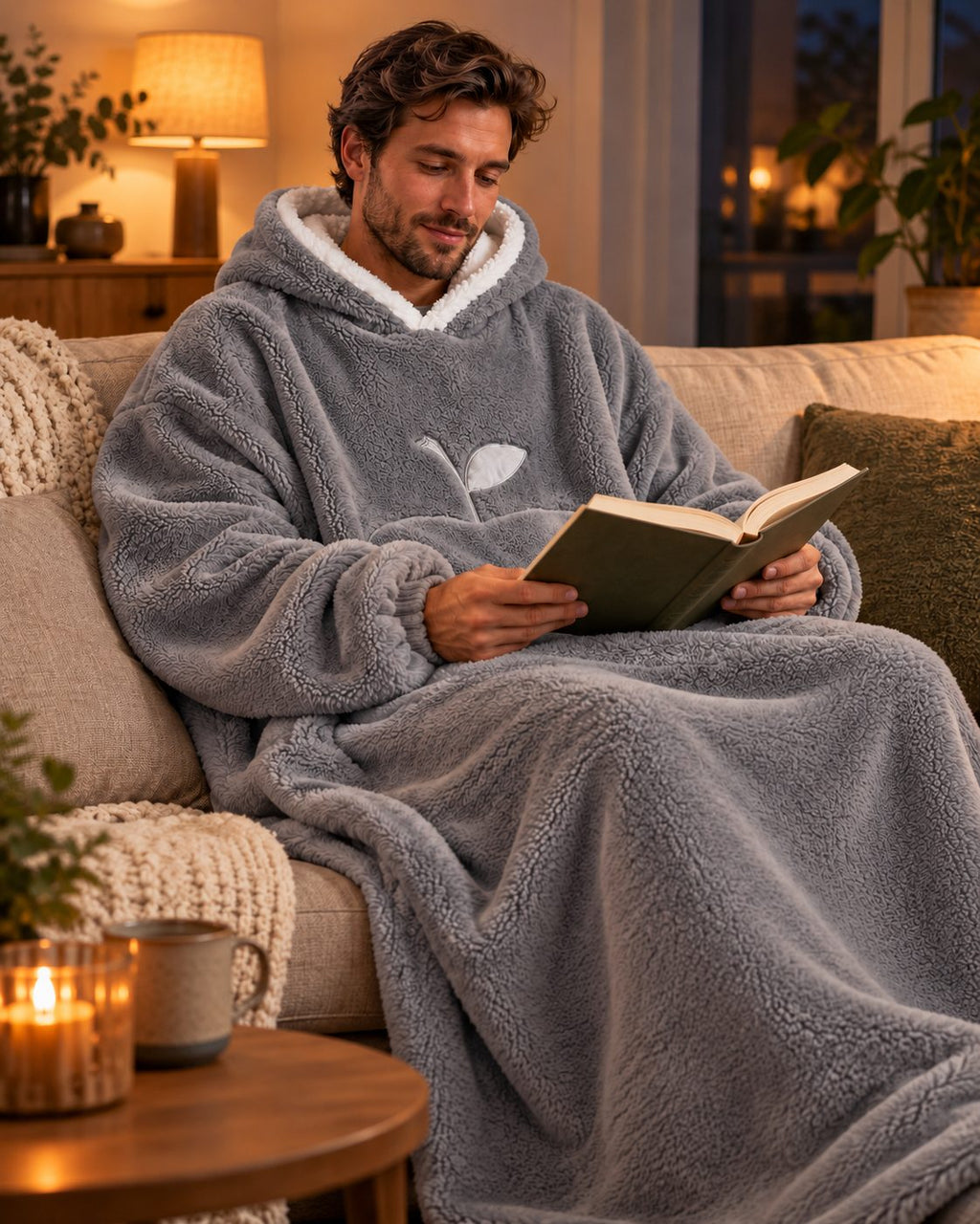 Wearable fleece deken in grijs, gedragen op de bank met een boek